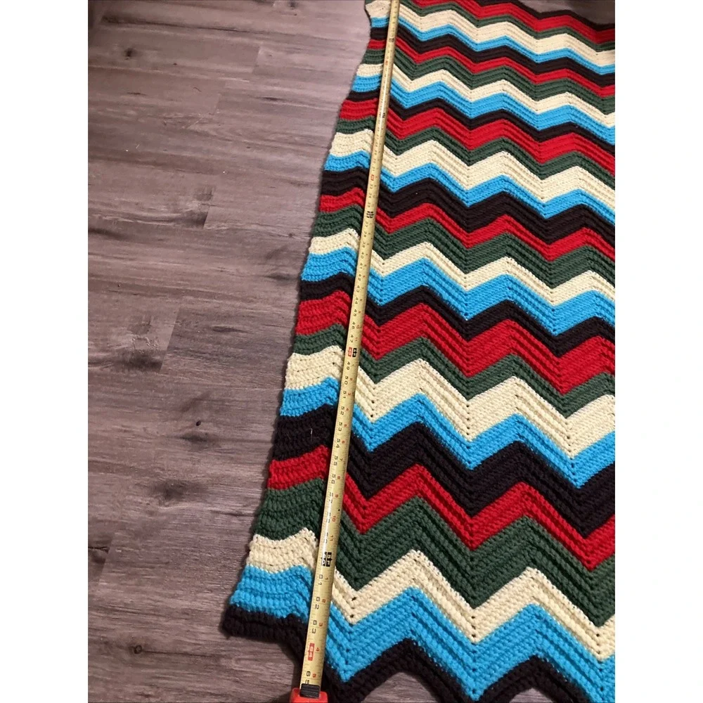 Vtg Hand Knit Crochet Blanket Throw Afghan Chevron Zigzag Pattern 65 X 65 Inches